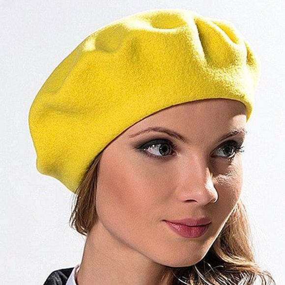 NEW Wool Winter Thick Felt French Beret B Yellow - Picture 2 of 5